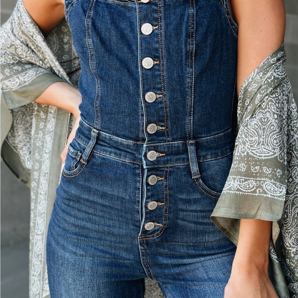 Button Up Denim Overalls Flare Jumpsuit Jumper - Picture 8 of 8